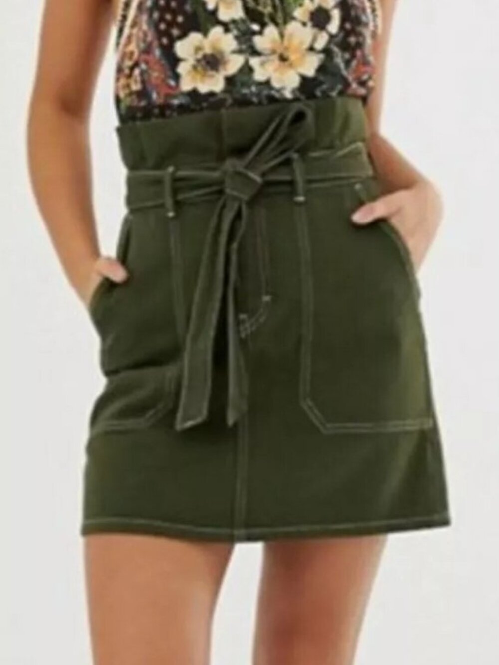 NWT Free People Splendor In The Grass Tie Waist army green Skirt